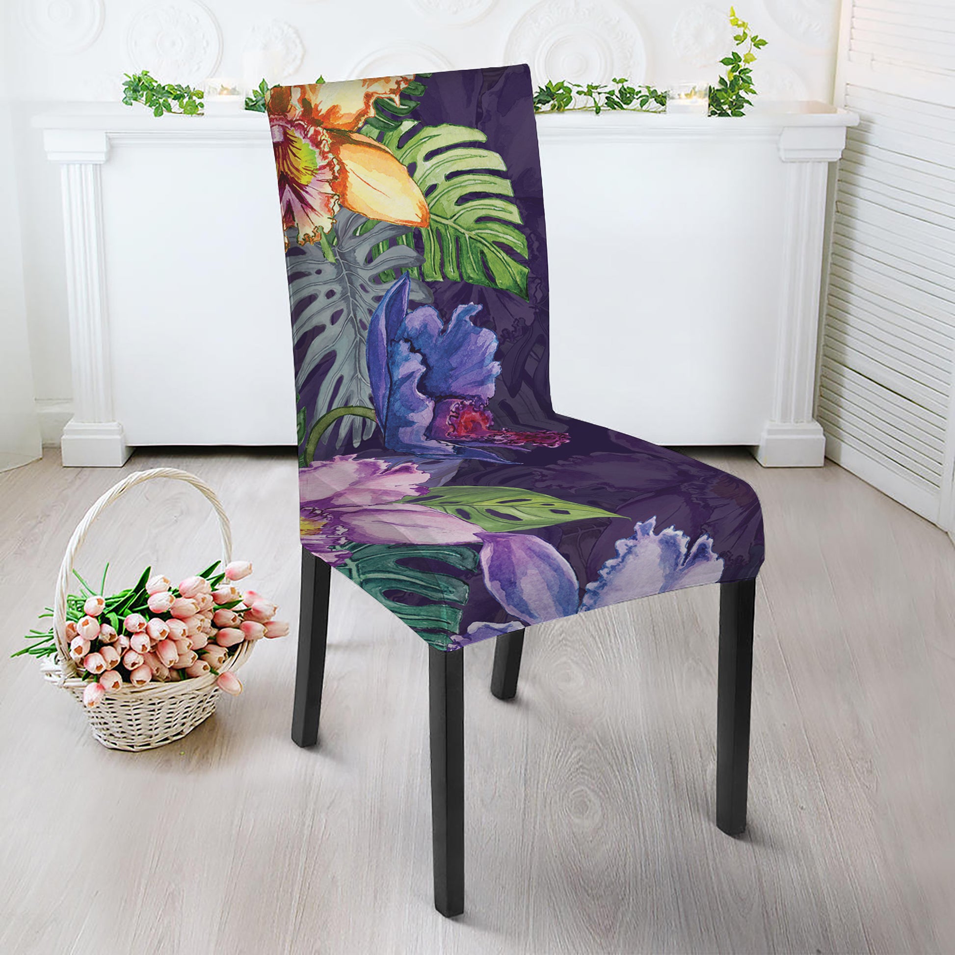 Colorful Watercolor Cattleya Print Dining Chair Slipcover
