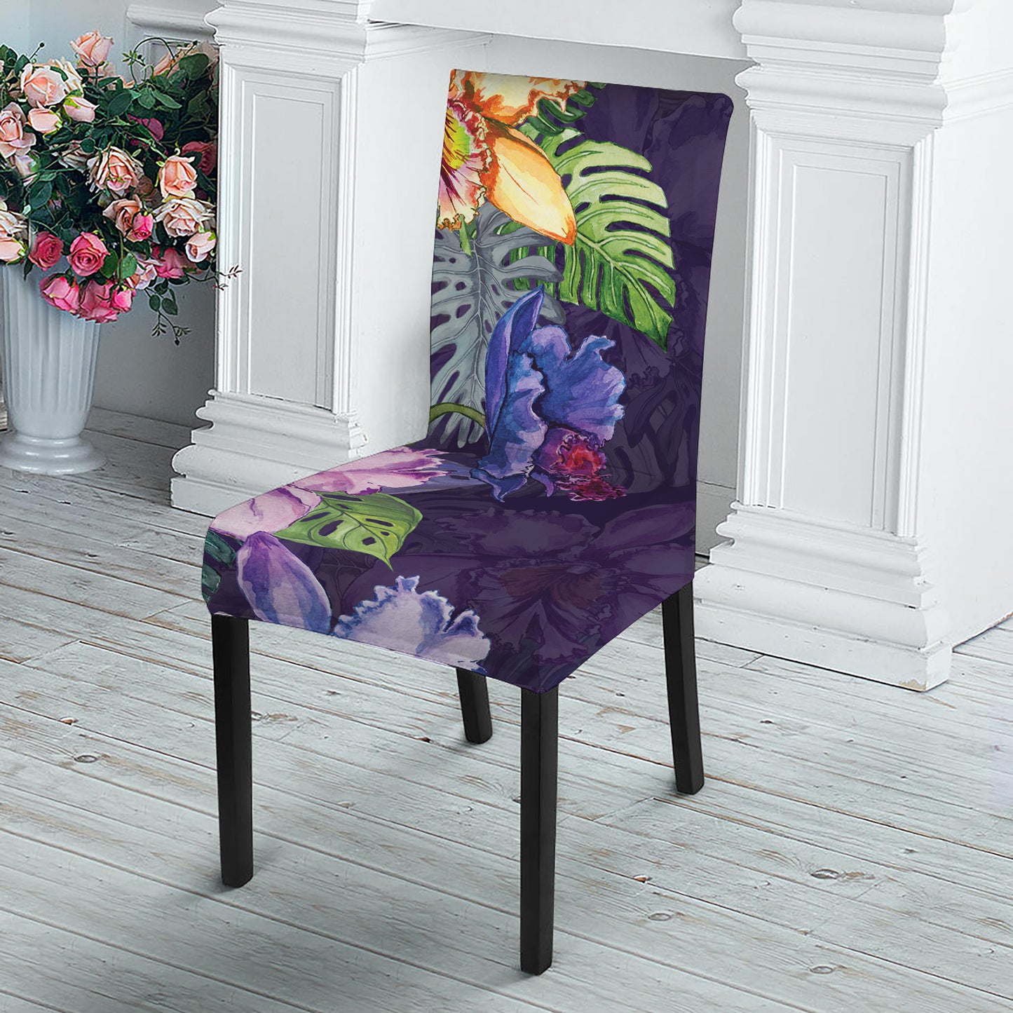 Colorful Watercolor Cattleya Print Dining Chair Slipcover