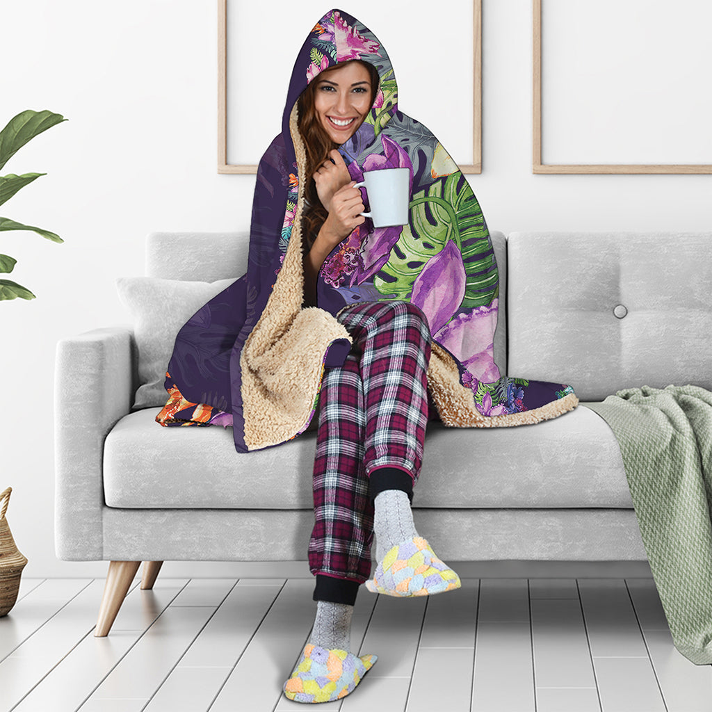 Colorful Watercolor Cattleya Print Hooded Blanket