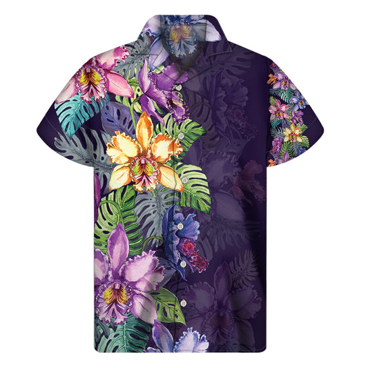 Colorful Watercolor Cattleya Print Men's Short Sleeve Shirt