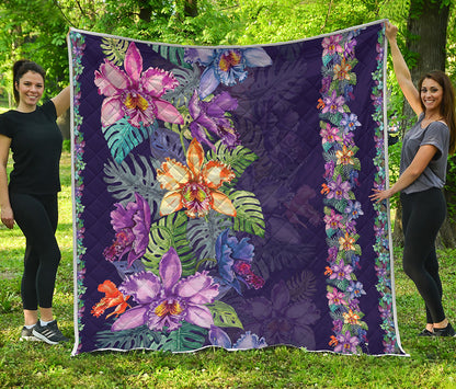 Colorful Watercolor Cattleya Print Quilt