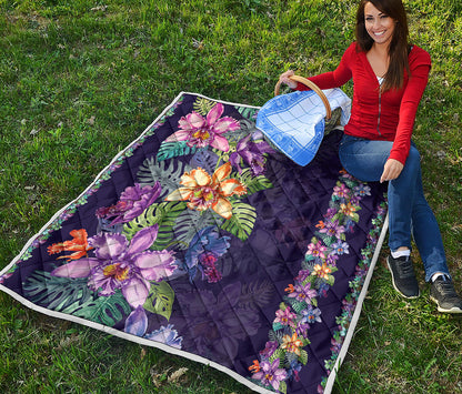 Colorful Watercolor Cattleya Print Quilt