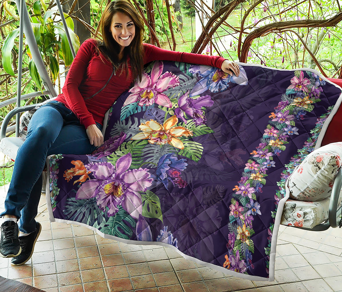 Colorful Watercolor Cattleya Print Quilt