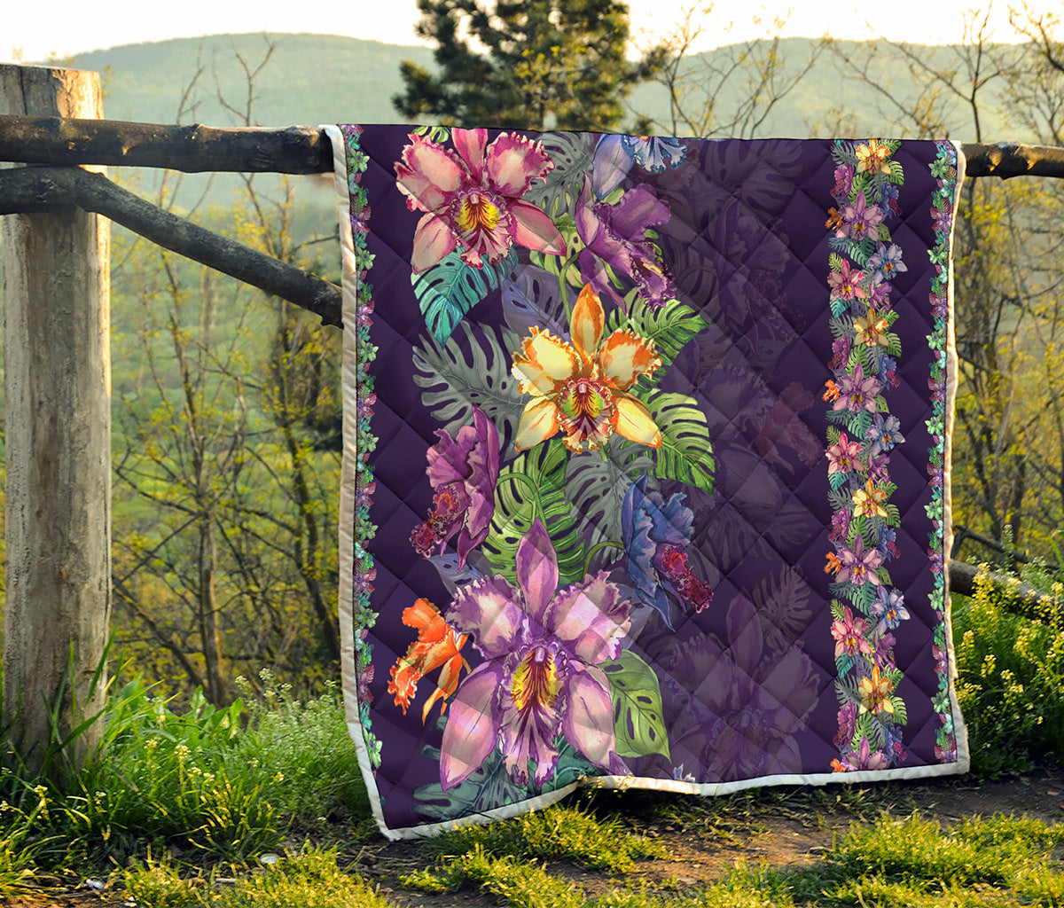 Colorful Watercolor Cattleya Print Quilt