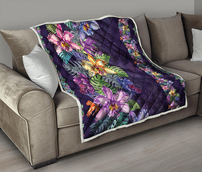 Colorful Watercolor Cattleya Print Quilt
