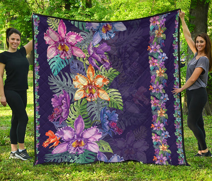 Colorful Watercolor Cattleya Print Quilt