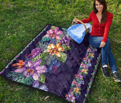 Colorful Watercolor Cattleya Print Quilt