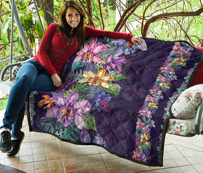 Colorful Watercolor Cattleya Print Quilt