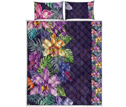 Colorful Watercolor Cattleya Print Quilt Bed Set