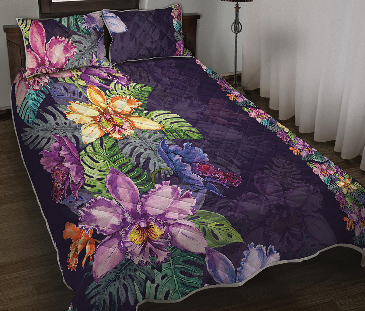 Colorful Watercolor Cattleya Print Quilt Bed Set