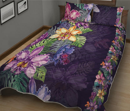 Colorful Watercolor Cattleya Print Quilt Bed Set