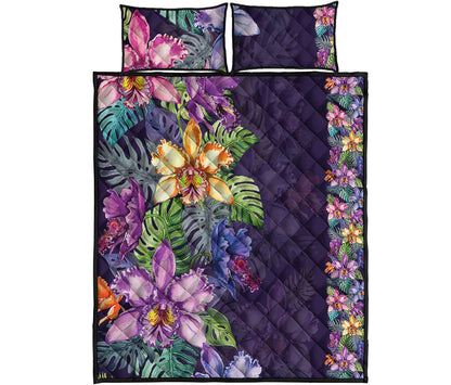 Colorful Watercolor Cattleya Print Quilt Bed Set