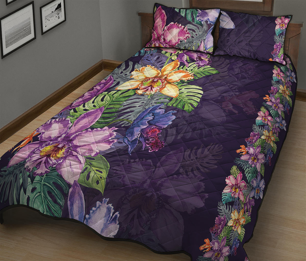 Colorful Watercolor Cattleya Print Quilt Bed Set