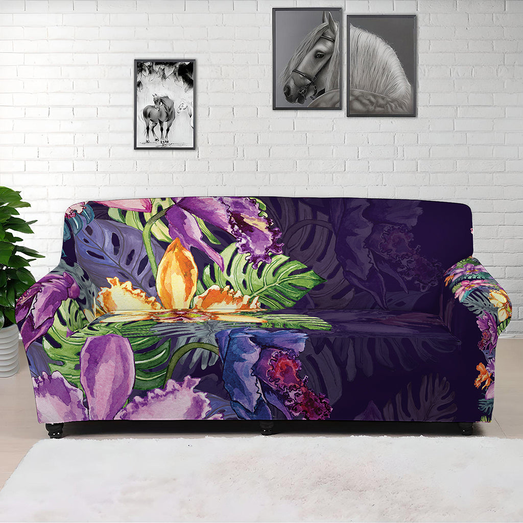 Colorful Watercolor Cattleya Print Sofa Cover