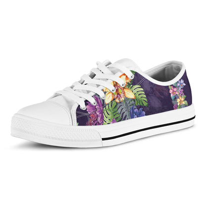 Colorful Watercolor Cattleya Print White Low Top Shoes
