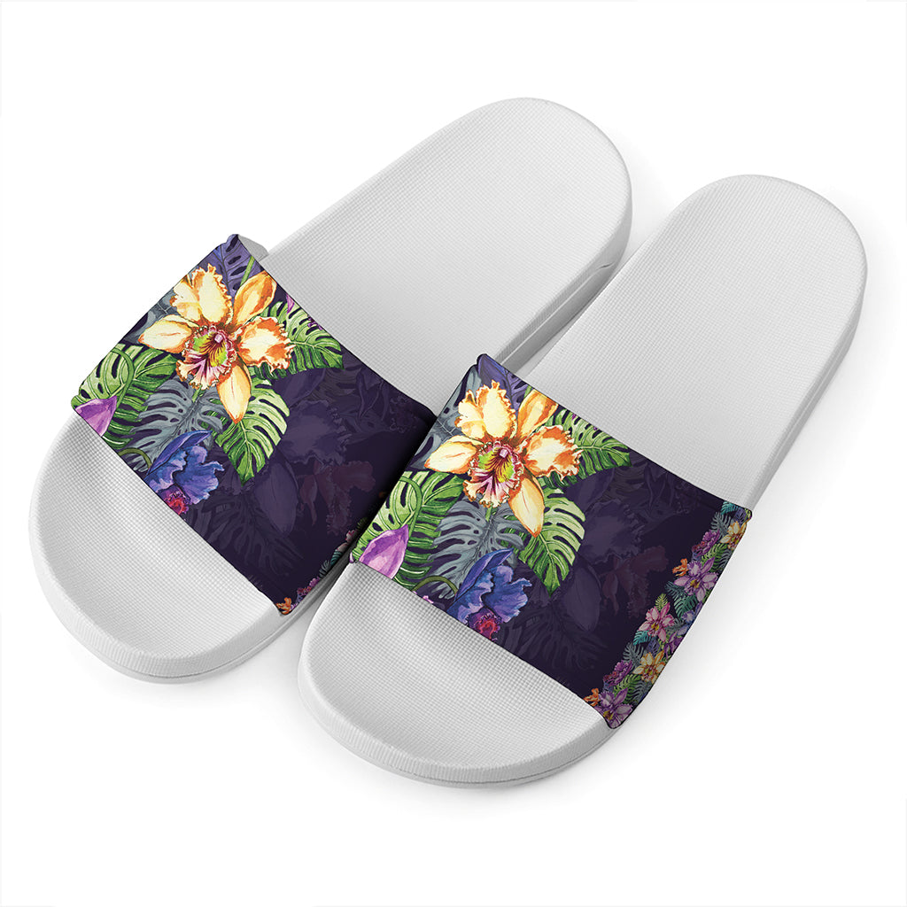 Colorful Watercolor Cattleya Print White Slide Sandals