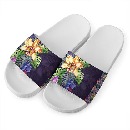 Colorful Watercolor Cattleya Print White Slide Sandals