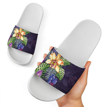 Colorful Watercolor Cattleya Print White Slide Sandals