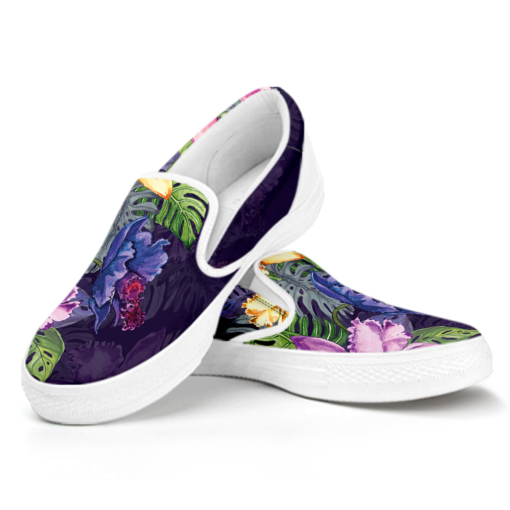 Colorful Watercolor Cattleya Print White Slip On Shoes