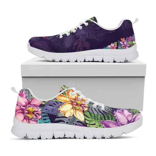 Colorful Watercolor Cattleya Print White Sneakers