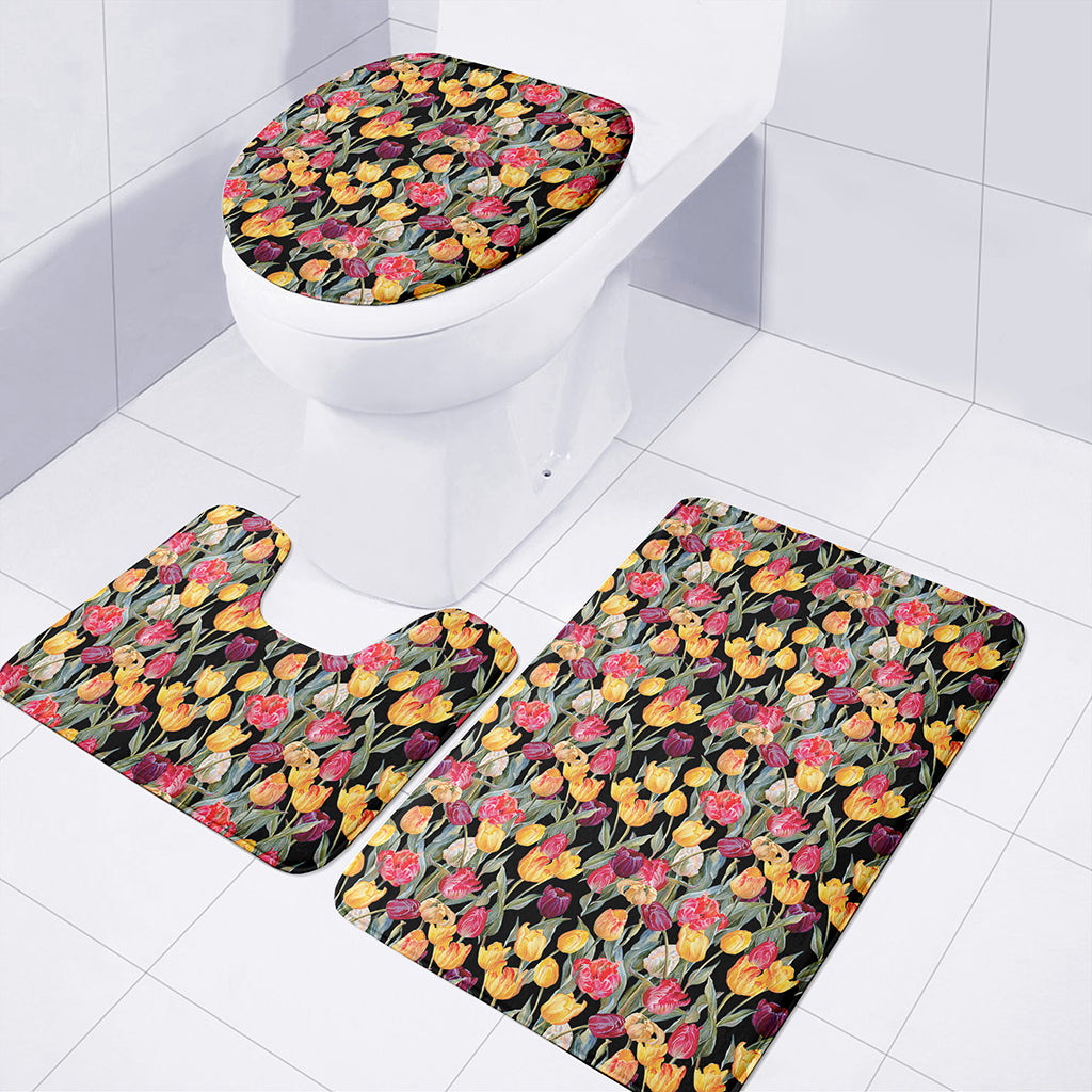 Colorful Watercolor Tulip Pattern Print 3 Piece Bath Mat Set