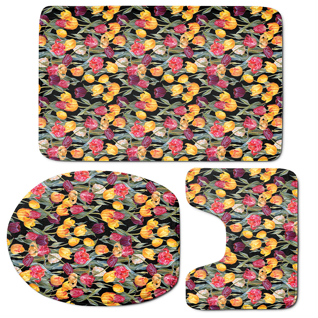 Colorful Watercolor Tulip Pattern Print 3 Piece Bath Mat Set