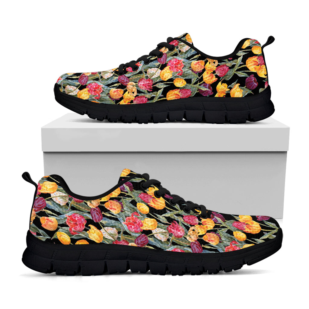 Colorful Watercolor Tulip Pattern Print Black Sneakers