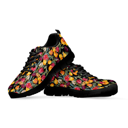 Colorful Watercolor Tulip Pattern Print Black Sneakers