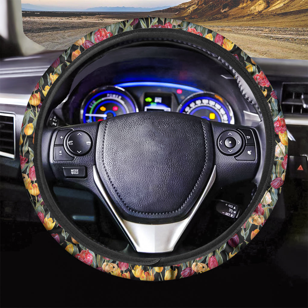 Colorful Watercolor Tulip Pattern Print Car Steering Wheel Cover