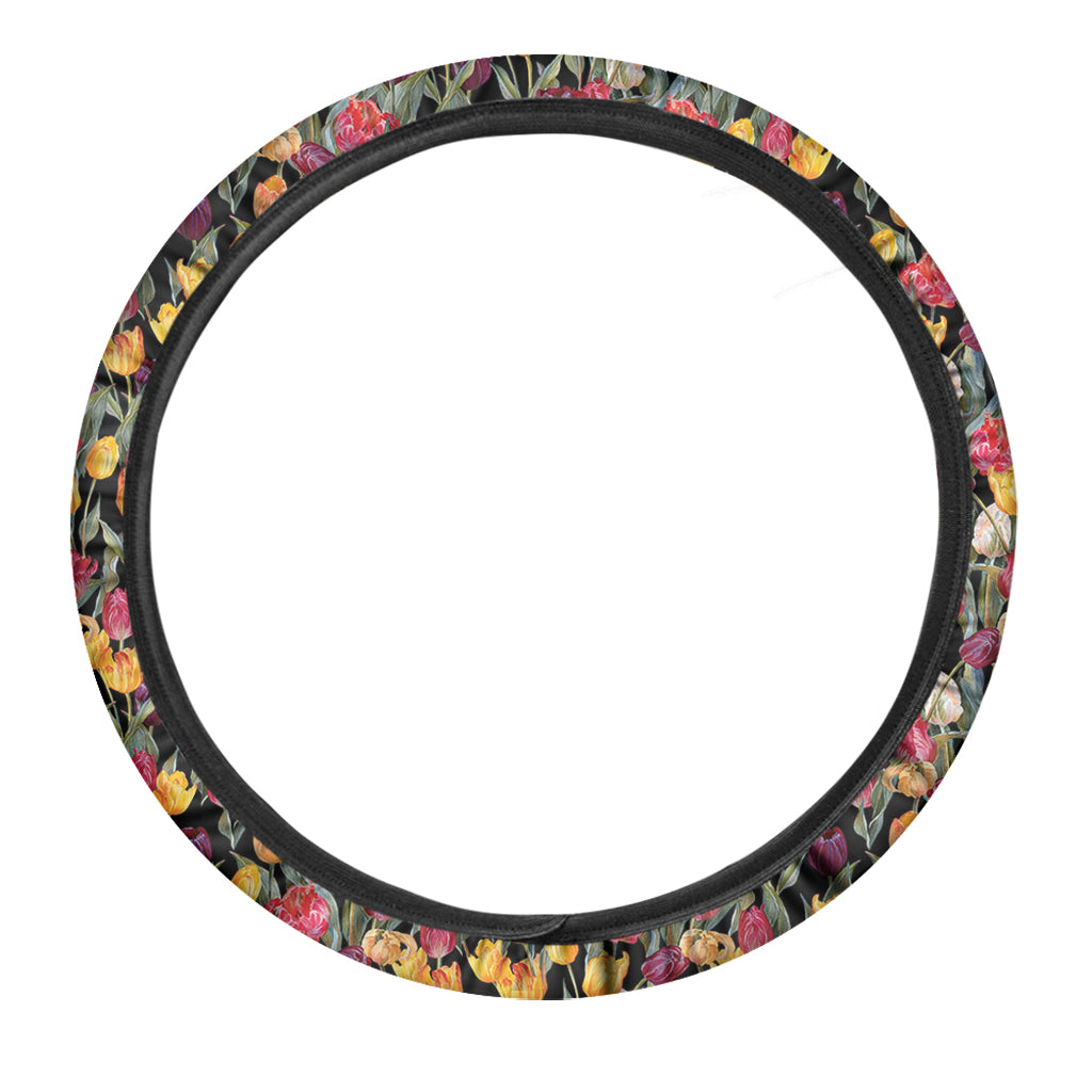 Colorful Watercolor Tulip Pattern Print Car Steering Wheel Cover