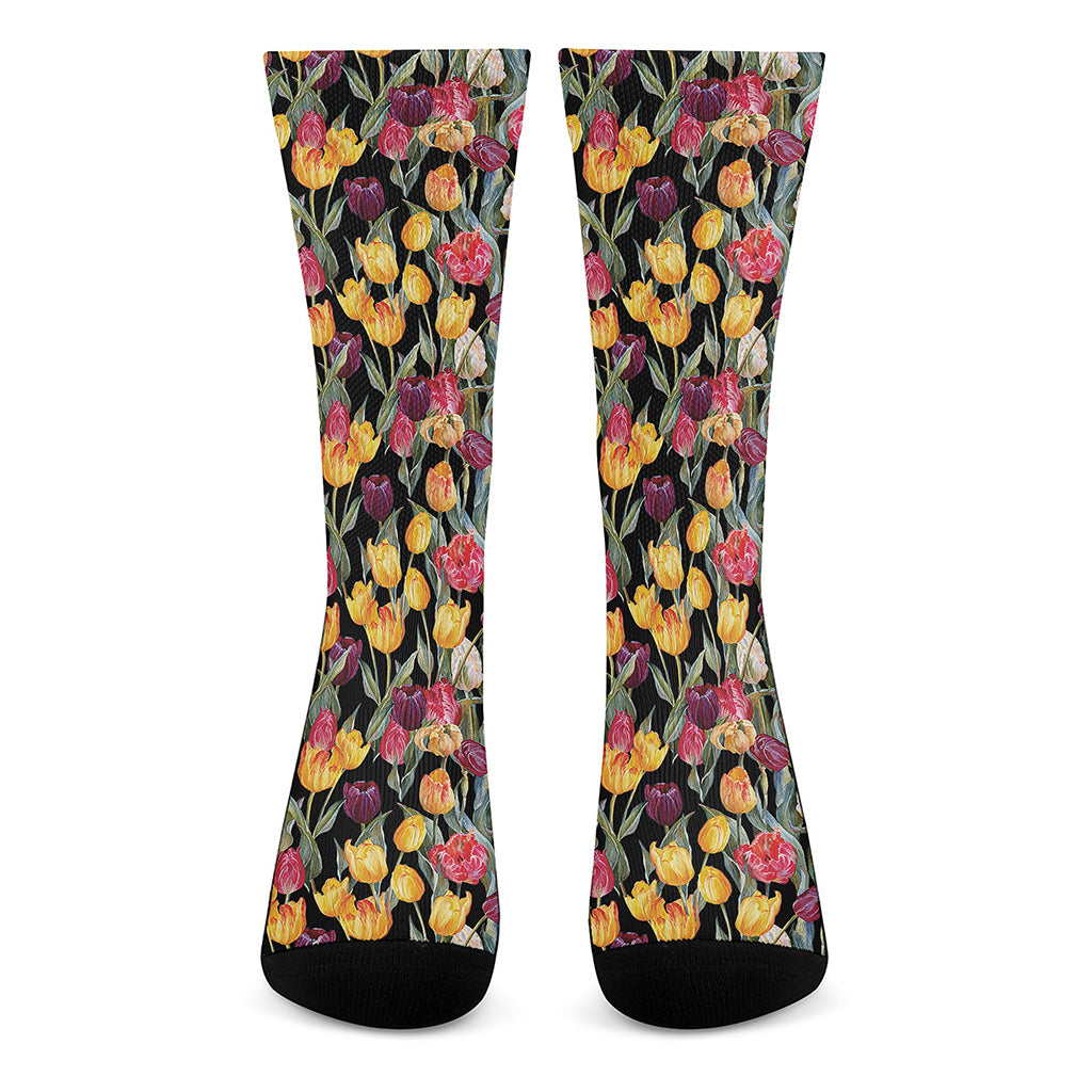 Colorful Watercolor Tulip Pattern Print Crew Socks