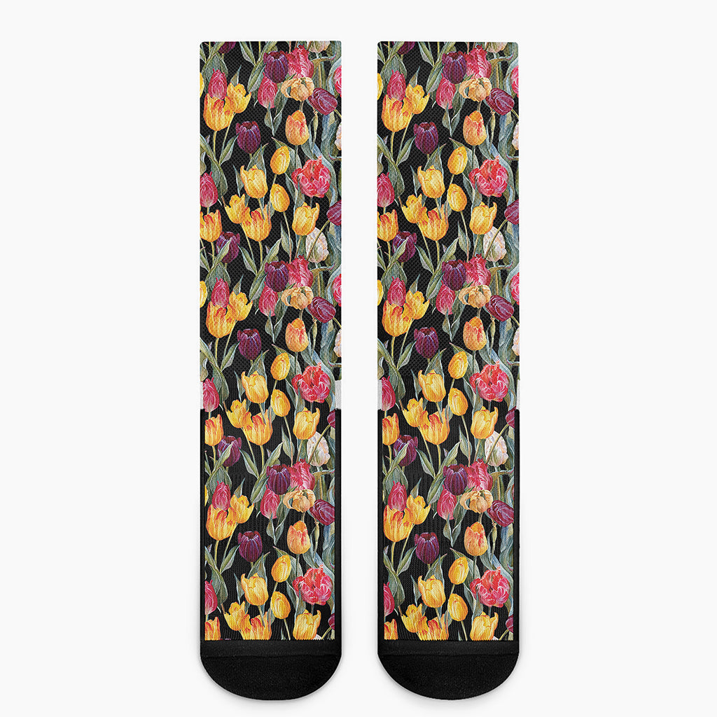 Colorful Watercolor Tulip Pattern Print Crew Socks