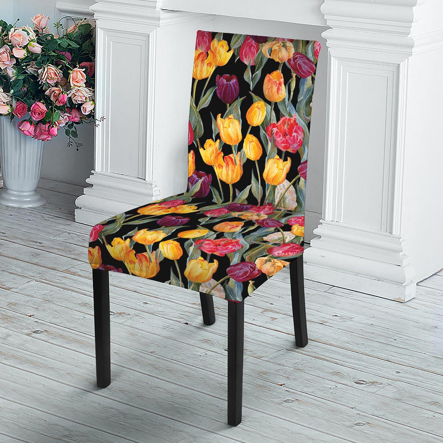 Colorful Watercolor Tulip Pattern Print Dining Chair Slipcover