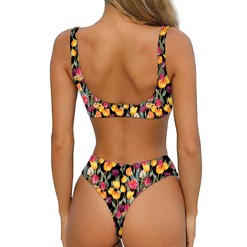 Colorful Watercolor Tulip Pattern Print Front Bow Tie Bikini