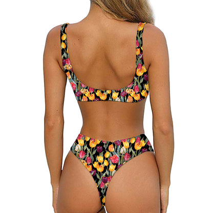 Colorful Watercolor Tulip Pattern Print Front Bow Tie Bikini