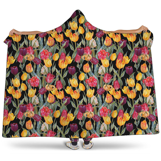 Colorful Watercolor Tulip Pattern Print Hooded Blanket