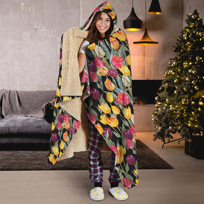 Colorful Watercolor Tulip Pattern Print Hooded Blanket