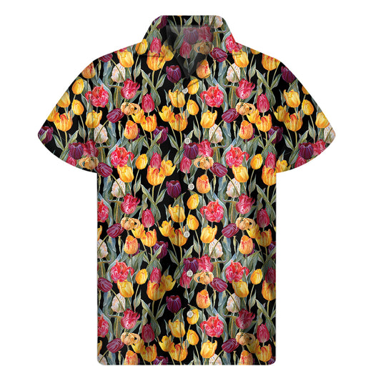 Colorful Watercolor Tulip Pattern Print Men's Short Sleeve Shirt