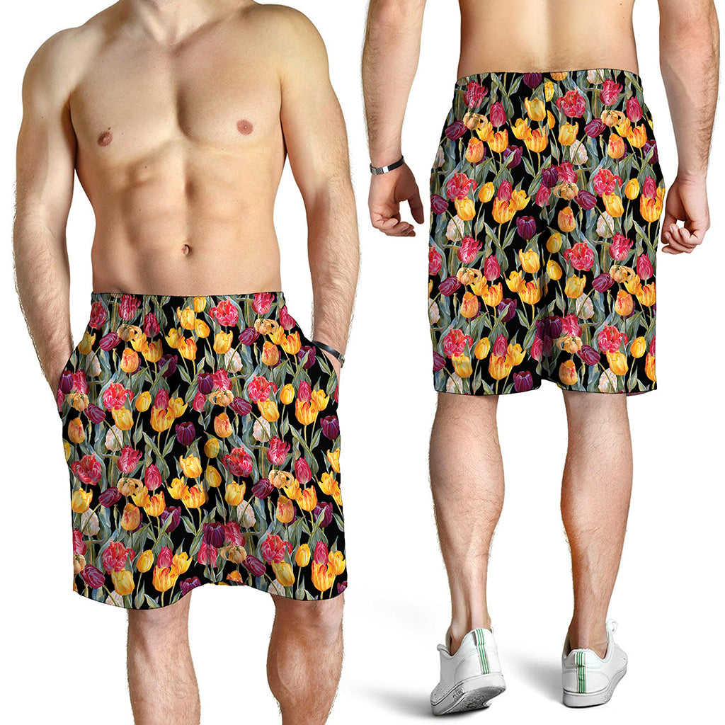 Colorful Watercolor Tulip Pattern Print Men's Shorts