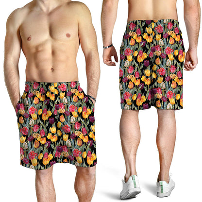 Colorful Watercolor Tulip Pattern Print Men's Shorts