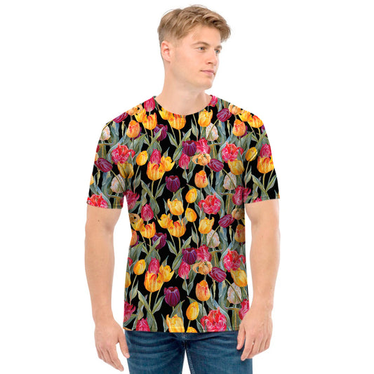 Colorful Watercolor Tulip Pattern Print Men's T-Shirt