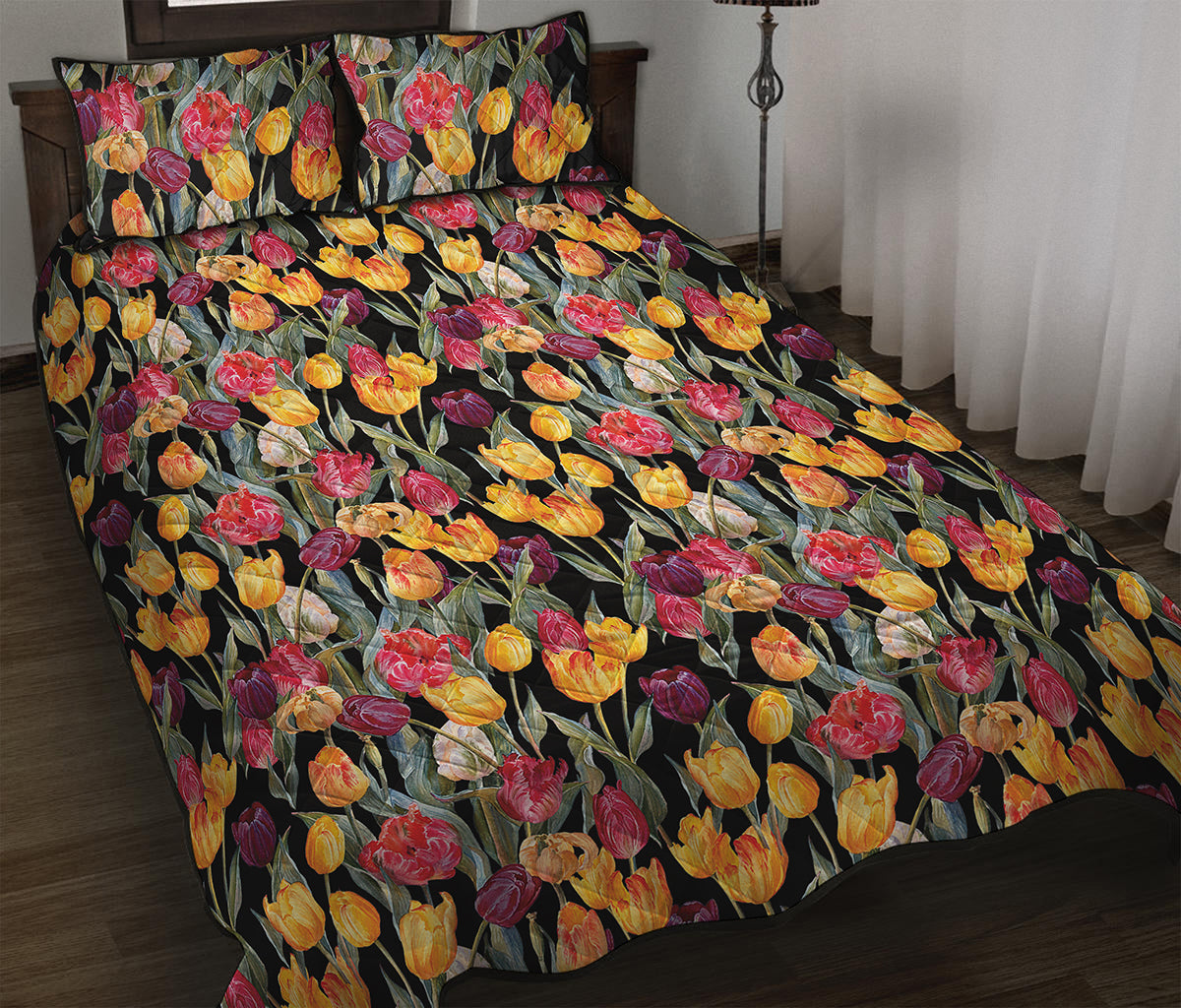 Colorful Watercolor Tulip Pattern Print Quilt Bed Set