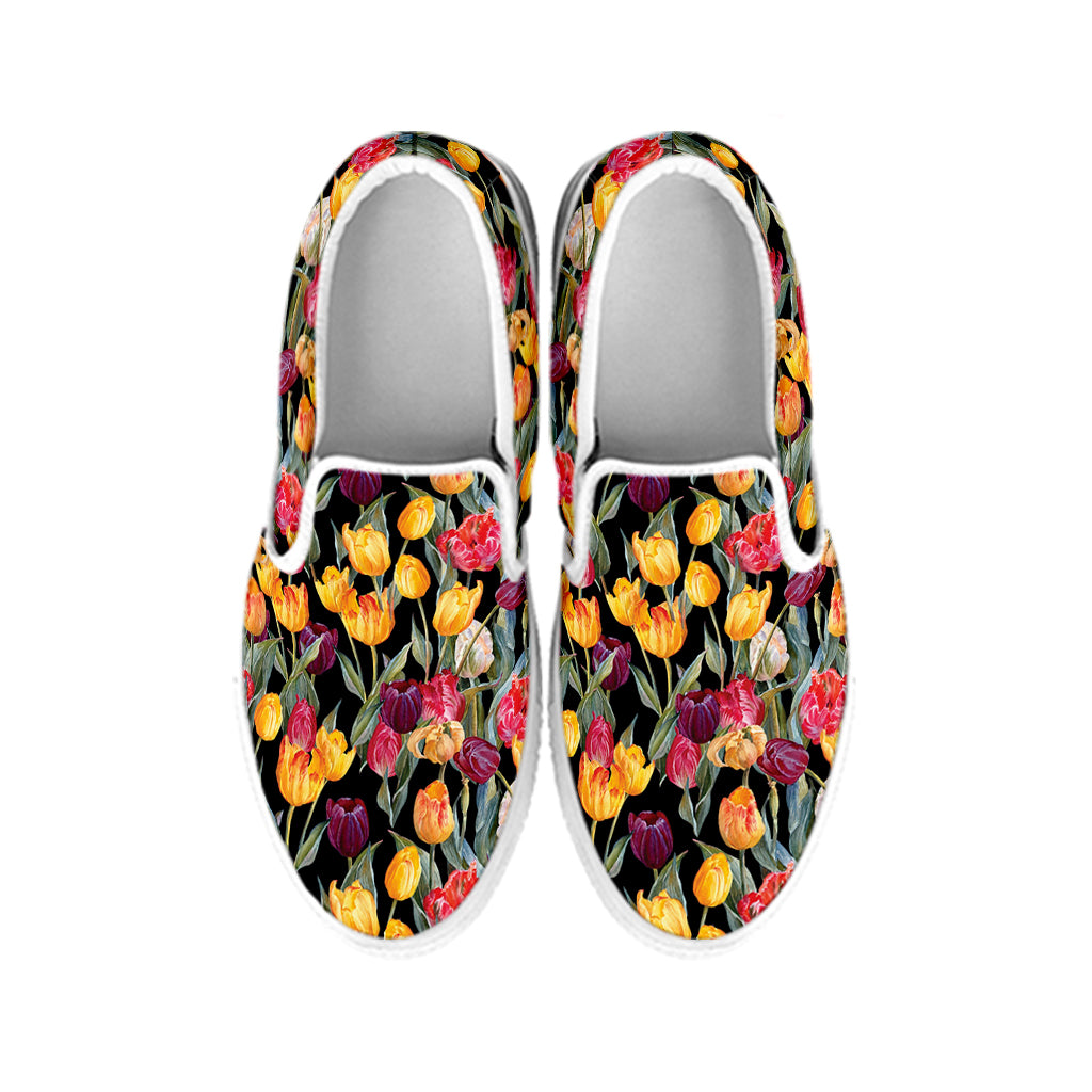 Colorful Watercolor Tulip Pattern Print White Slip On Shoes