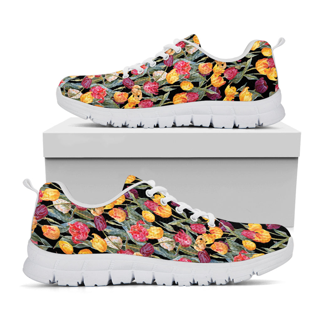 Colorful Watercolor Tulip Pattern Print White Sneakers