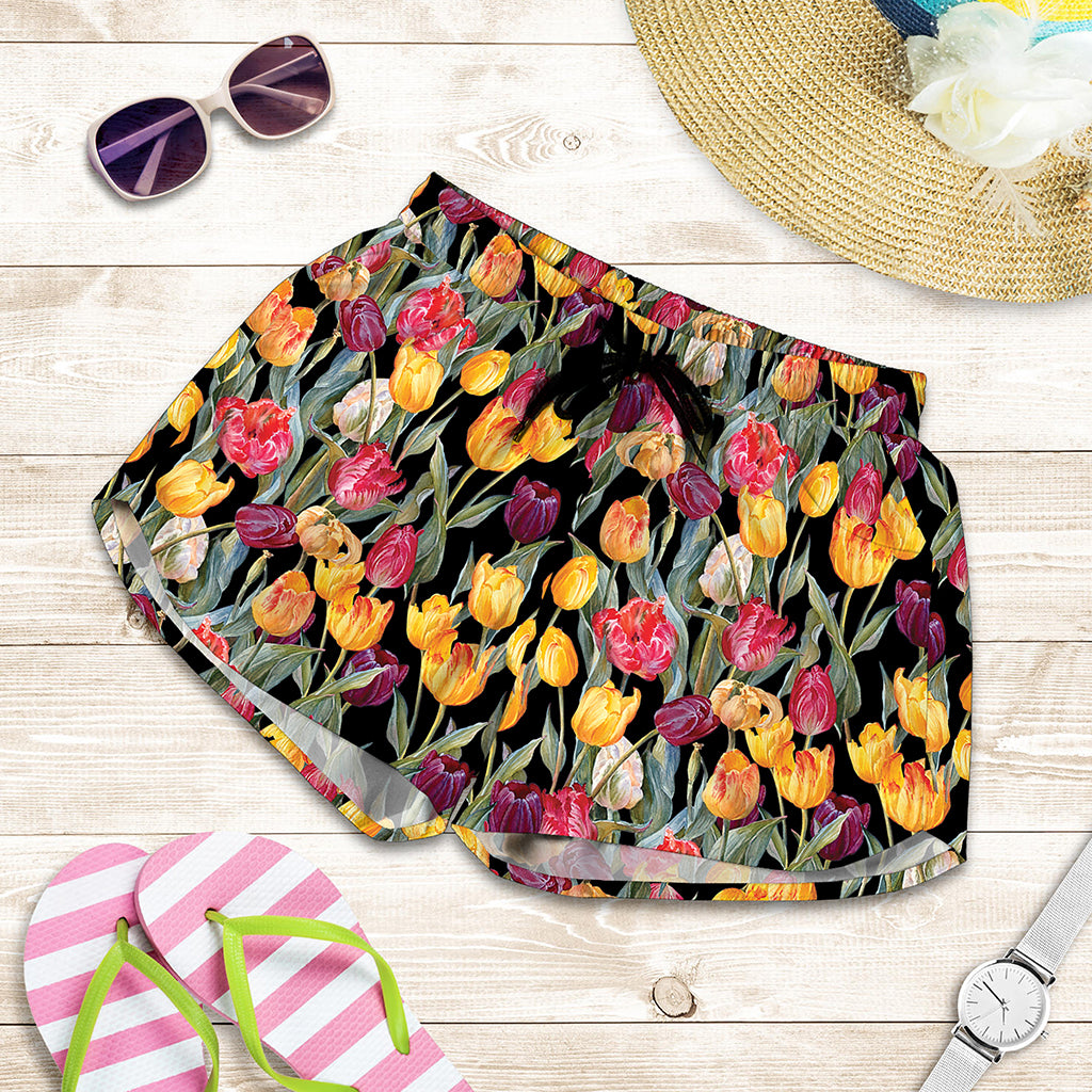 Colorful Watercolor Tulip Pattern Print Women's Shorts