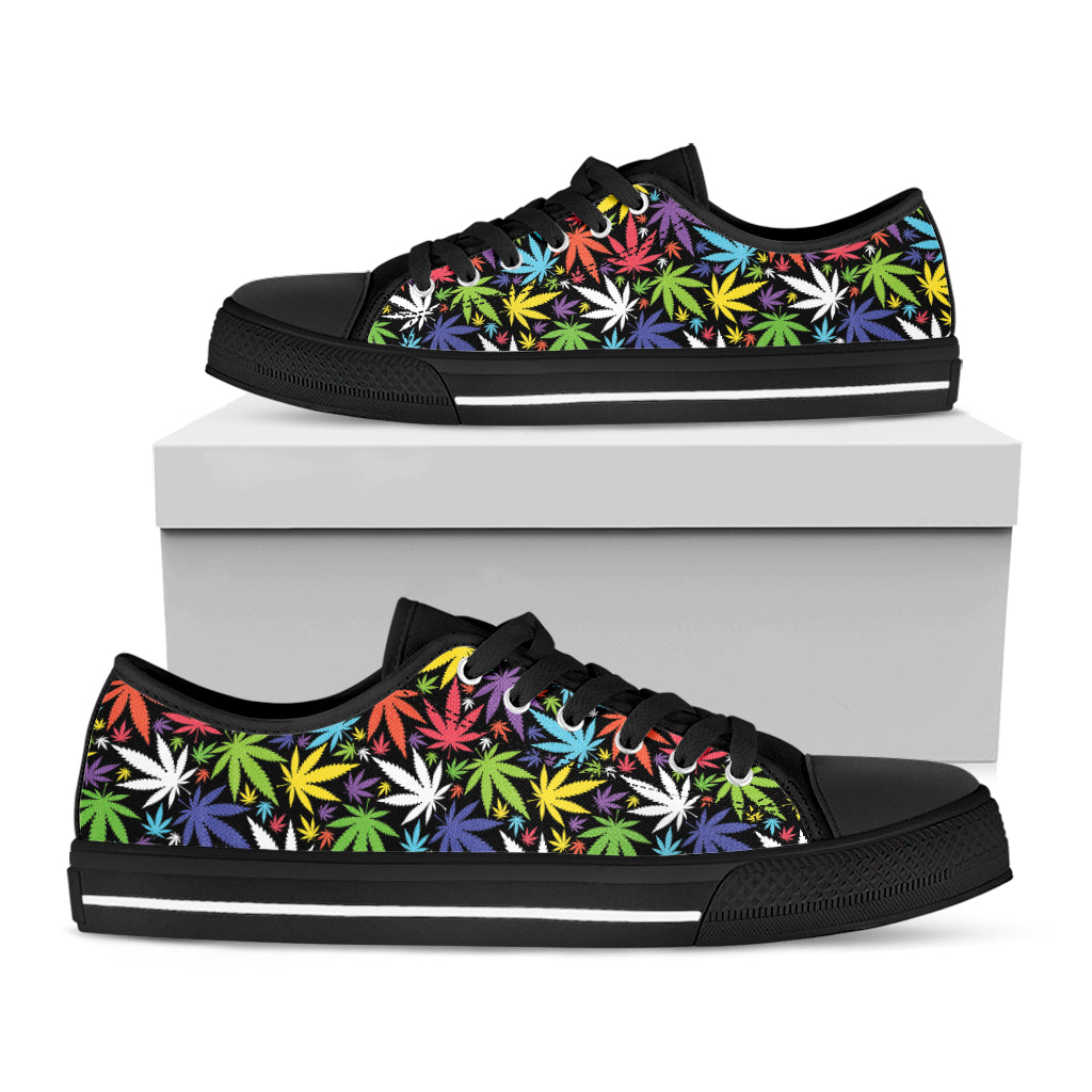 Colorful Weed Leaf Pattern Print Black Low Top Shoes