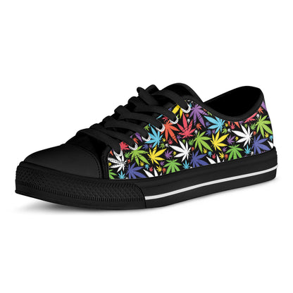 Colorful Weed Leaf Pattern Print Black Low Top Shoes