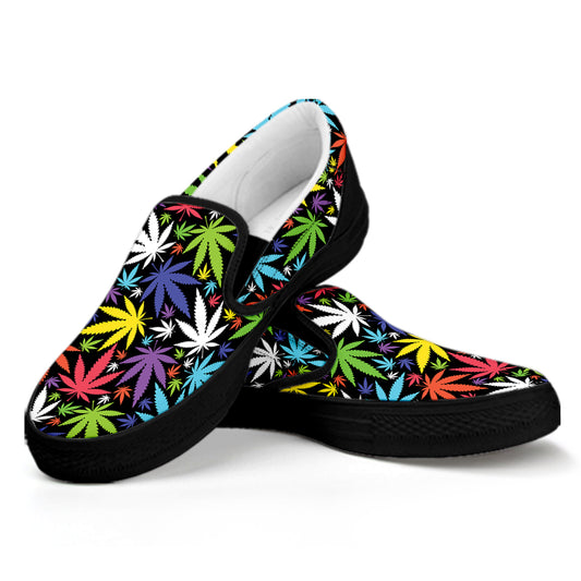 Colorful Weed Leaf Pattern Print Black Slip On Shoes