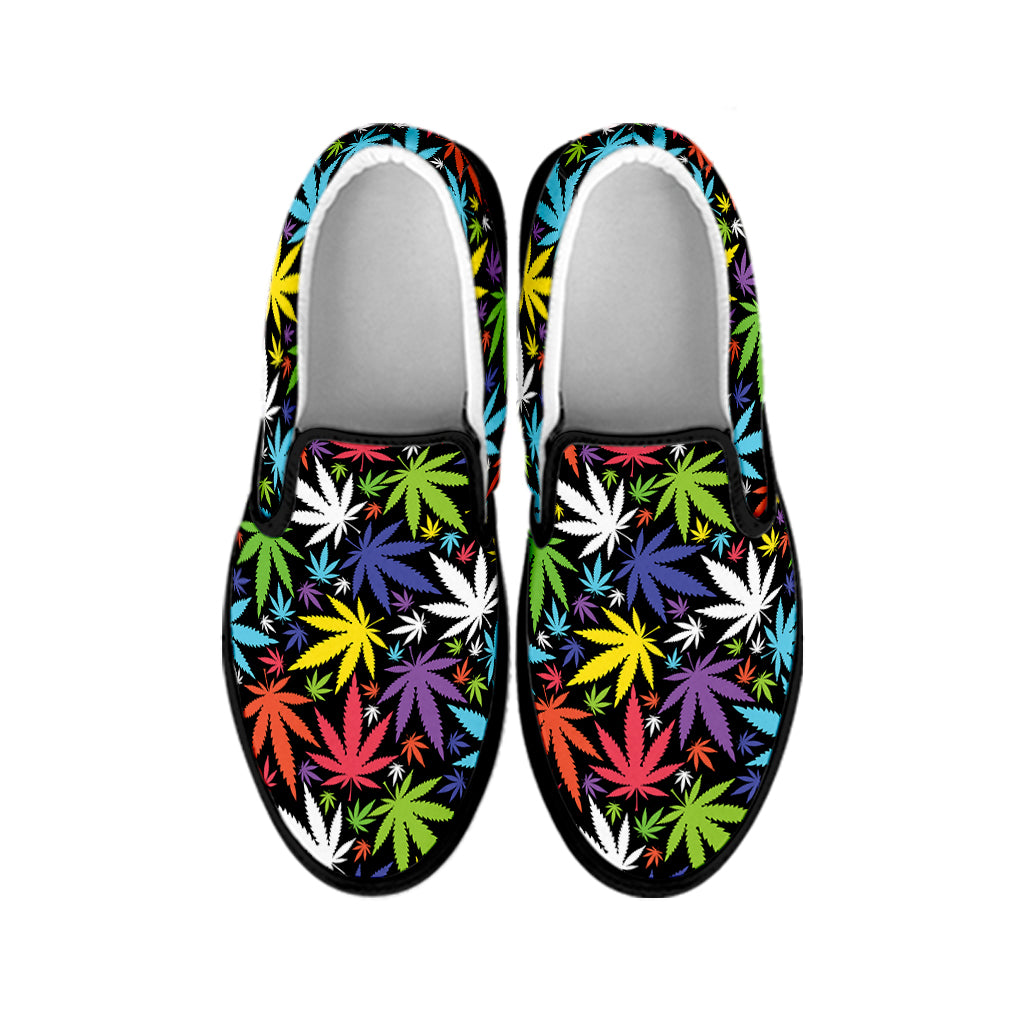 Colorful Weed Leaf Pattern Print Black Slip On Shoes