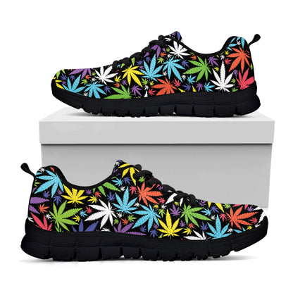 Colorful Weed Leaf Pattern Print Black Sneakers